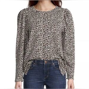 LOFT Animal Print Puff Shoulder Long Sleeve Crew Neck Top